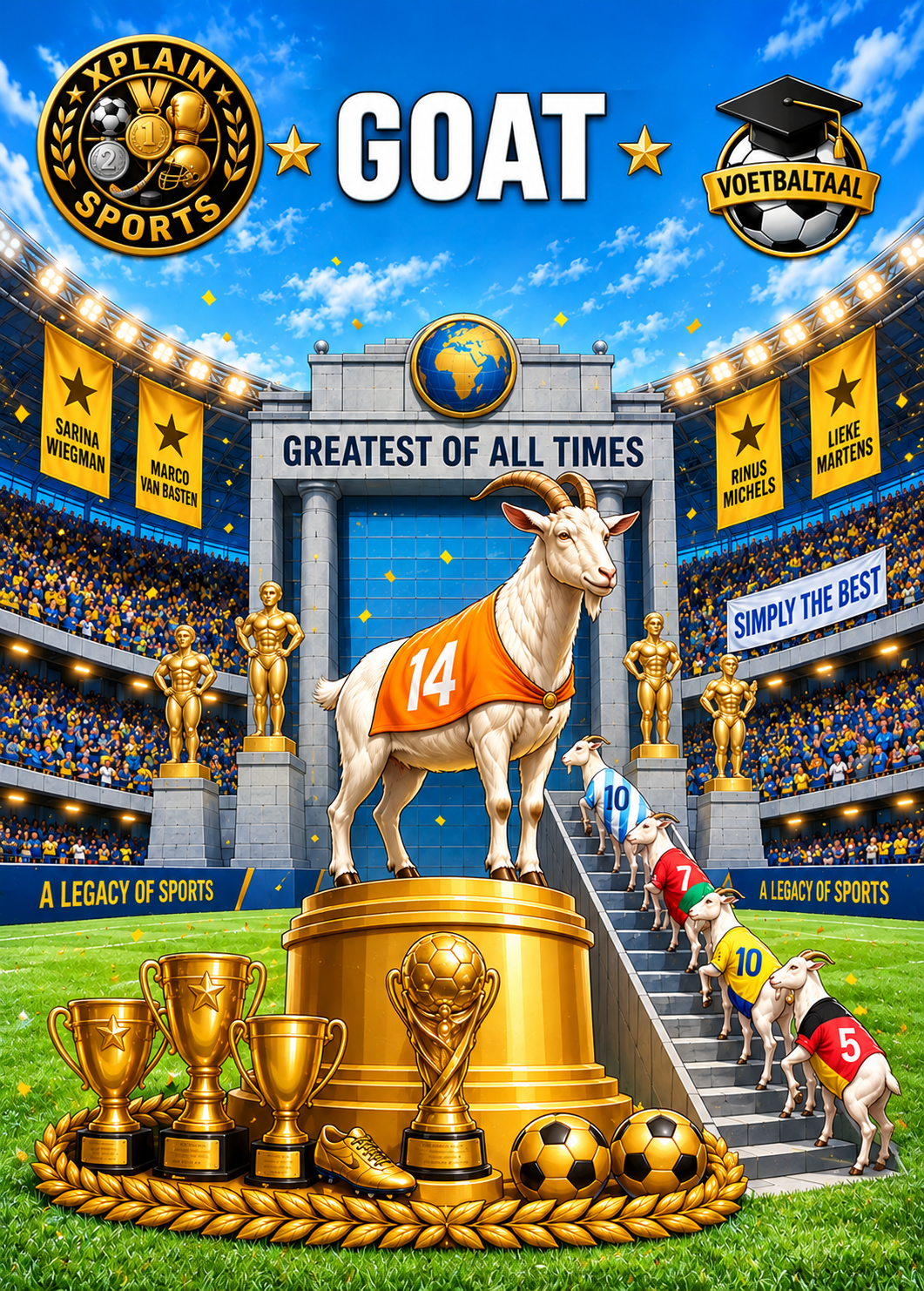 GOAT Greatest of All Times geïllustreerde voetbalkaart met trofeeën