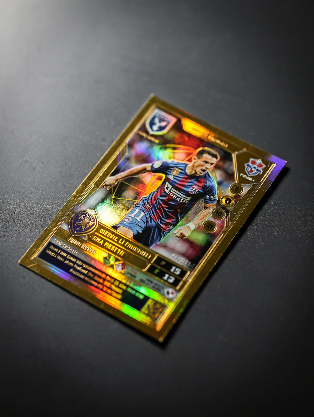 Detail van geïllustreerde XPlainSports voetbalkaart met gouden foliedetails