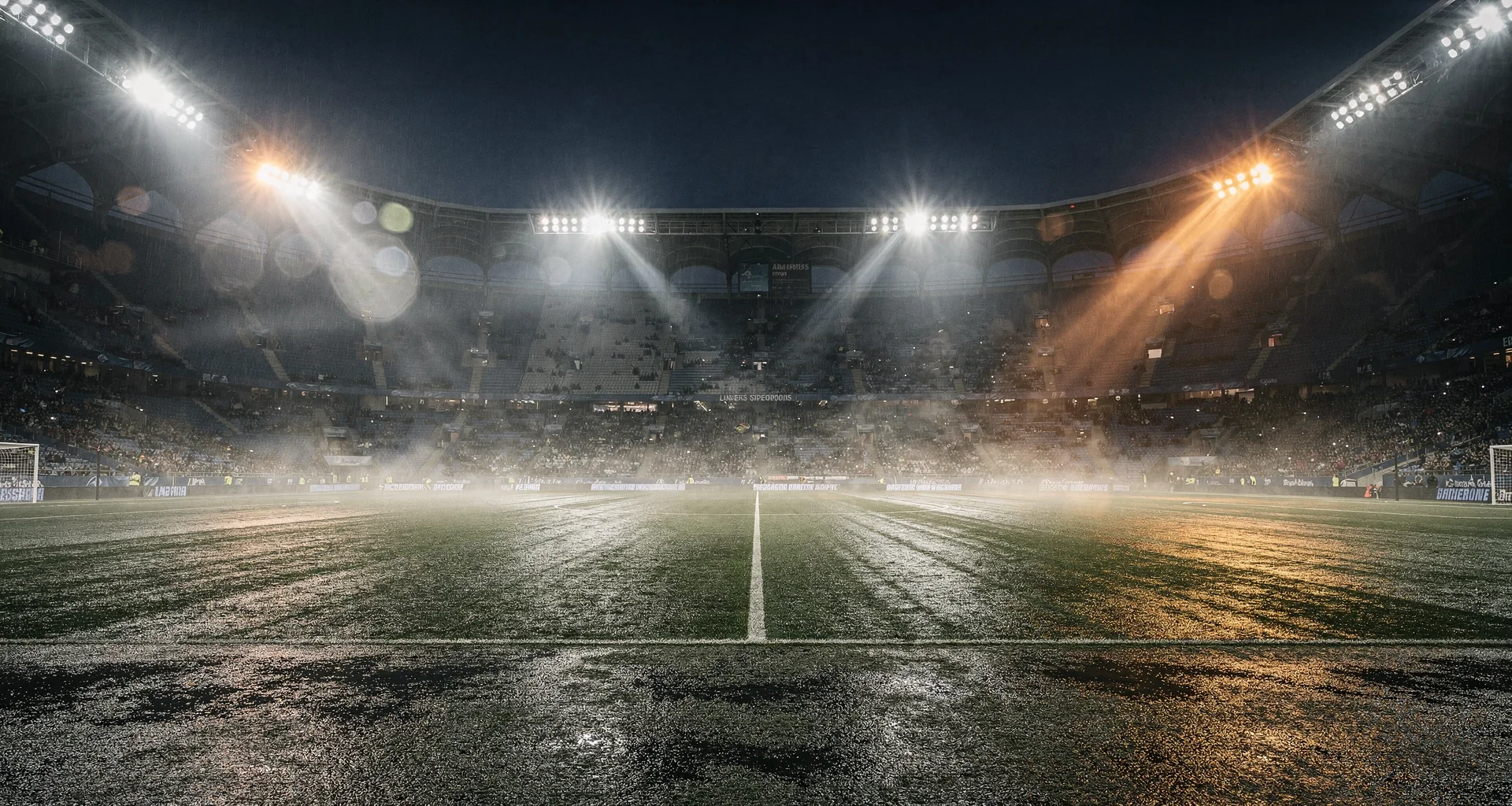 Sfeervol donker voetbalstadion bij nacht